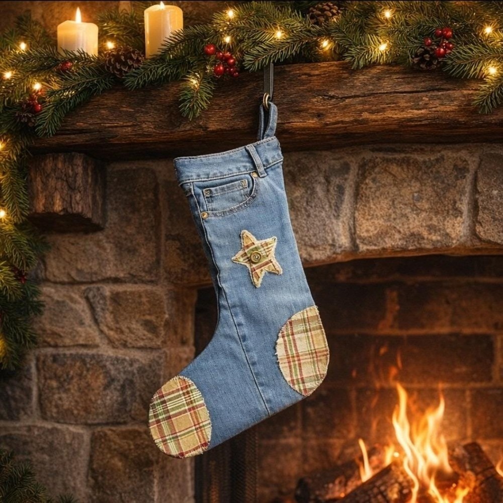 Homemade Denim Christmas Stocking Burlap Plaid Rustic Farmhouse Holiday Decor‎